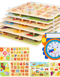 Wooden Toddler Puzzles and Rack Set - (6 Pack) Bundle with Storage Holder Rack and Learning Clock - Kids Educational Preschool Peg Puzzles for Children Babies Boys Girls - Alphabet Numbers Zoo Cars
