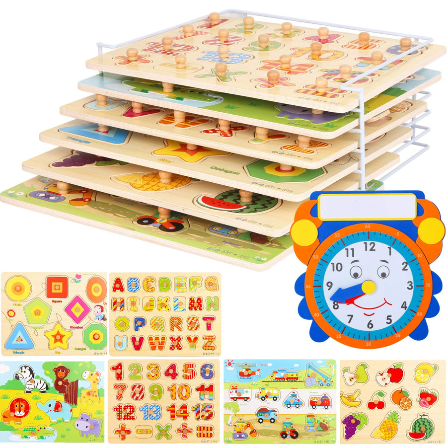 Wooden Toddler Puzzles and Rack Set - (6 Pack) Bundle with Storage Holder Rack and Learning Clock - Kids Educational Preschool Peg Puzzles for Children Babies Boys Girls - Alphabet Numbers Zoo Cars