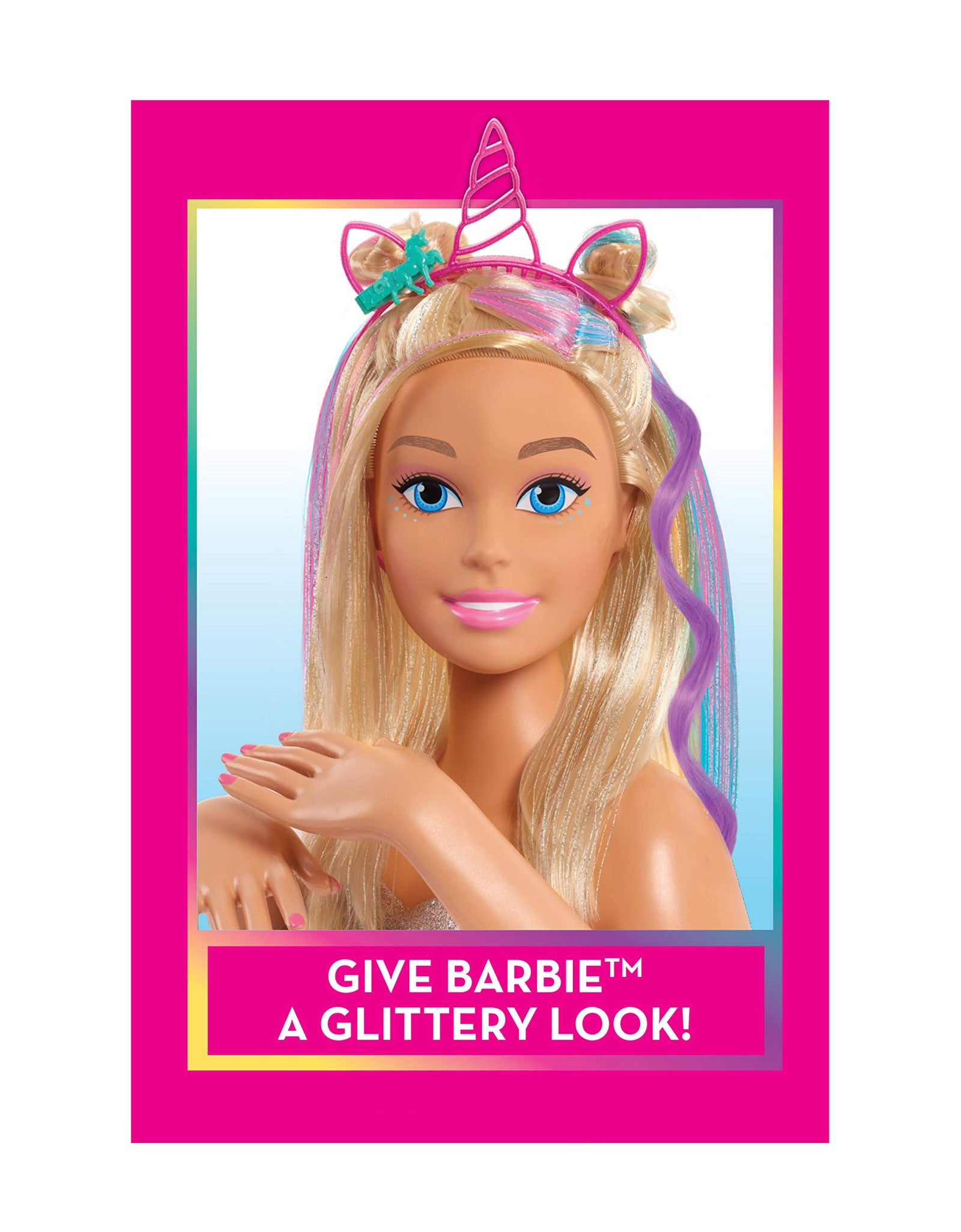 Barbie Deluxe 20-Piece Glitter and Go Styling Head, Blonde Hair and Unicorn Headband, by Just Play