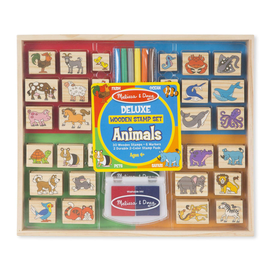 Melissa & Doug Deluxe Wooden Stamp Set: Animals - 30 Stamps, 6 Markers, 2 Stamp Pads