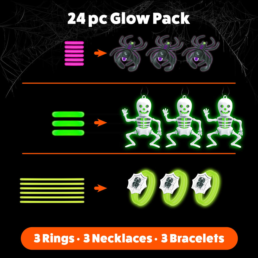 PartySticks Glow Party Skeleton Kit Party Favors for Kids - 24pk Glow in The Dark Party Decorations with 15 Glow Sticks, 3 Skeletons, 3 Spider Rings, and 3 Glow Bracelet Connectors