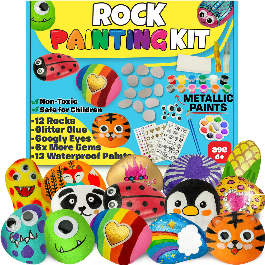 JOYEZA Deluxe Rock Painting Kit, Arts and Crafts for Girls Boys Age 6+ , 12 Rocks, Best Tween Gift Art Set, Waterproof Paints, All-inclusive Craft Kits Art Supplies, Kids Activities Age 4 5 6 7 8 9 10