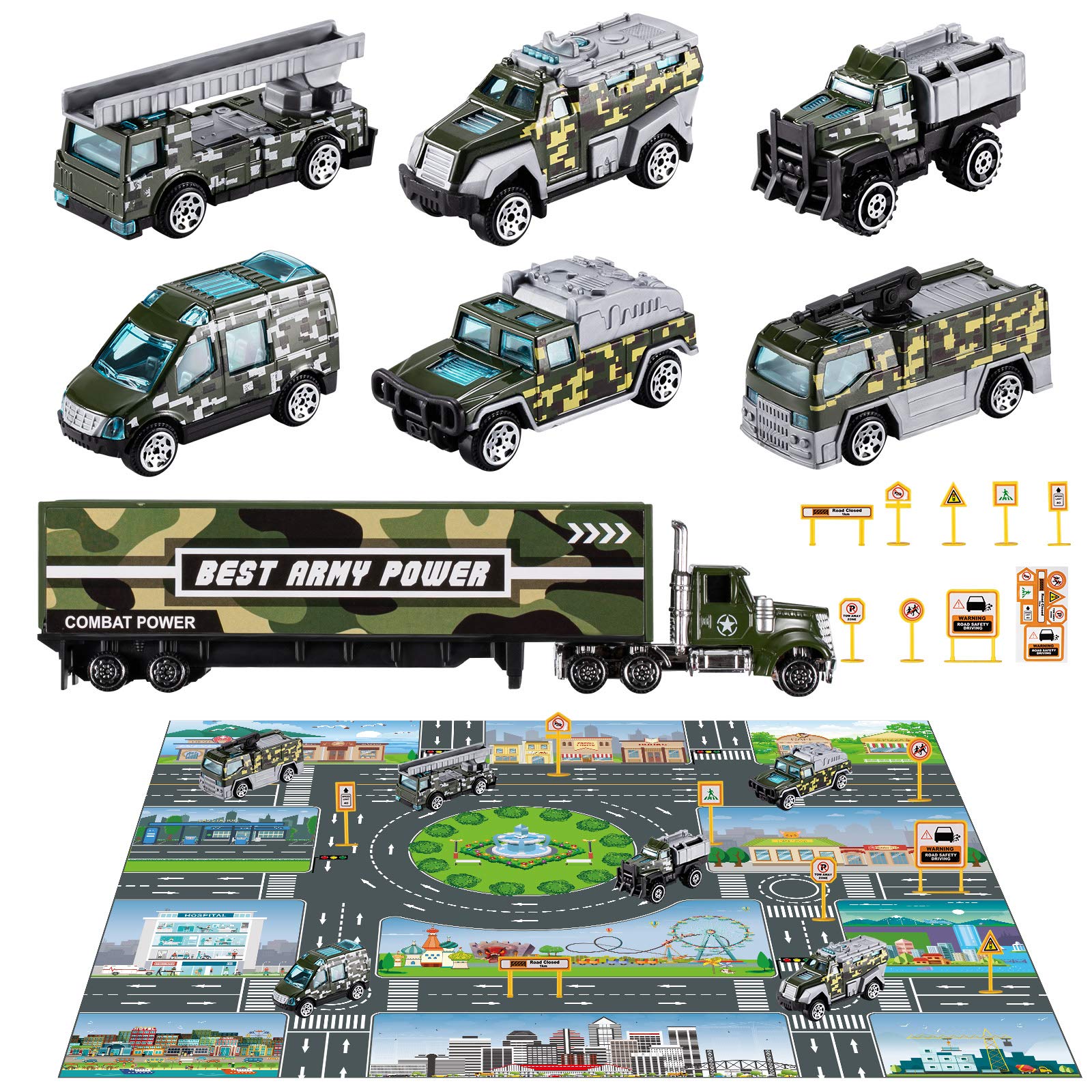 TEMI Diecast Engineering Construction Vehicle Toy Set w/ Play Mat,Truck Carrier,Forklift,Bulldozer,Excavator,Mixer,Dump Truck, Alloy Metal Car Toys Set for 3 4 5 6 Years Old Toddlers Kids Boys & Girls