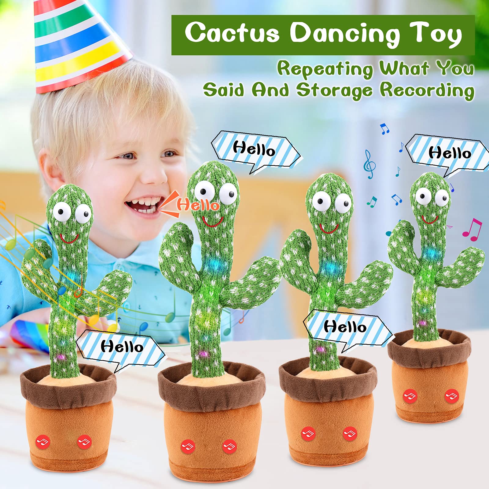 Emoin Dancing Cactus,Talking Cactus Toy,Sunny The Cactus Repeats What You Say,Electronic Dancing Cactus Toy with Lighting,Singing Cactus Recording and Repeat Your Words,Cactus Mimicking Toy for Kids