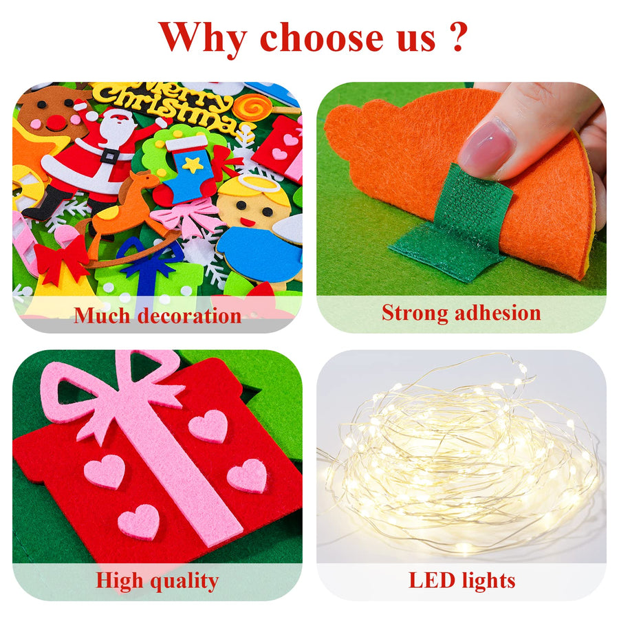 RVZHI Felt Christmas Tree for Kids Wall with Lights 33pcs Ornaments DIY Felt Christmas Tree for Toddlers with Exquisite Poster, Kids Gift Felt Wall Xmas Tree Kit Set for Toddlers Home Door Decoration