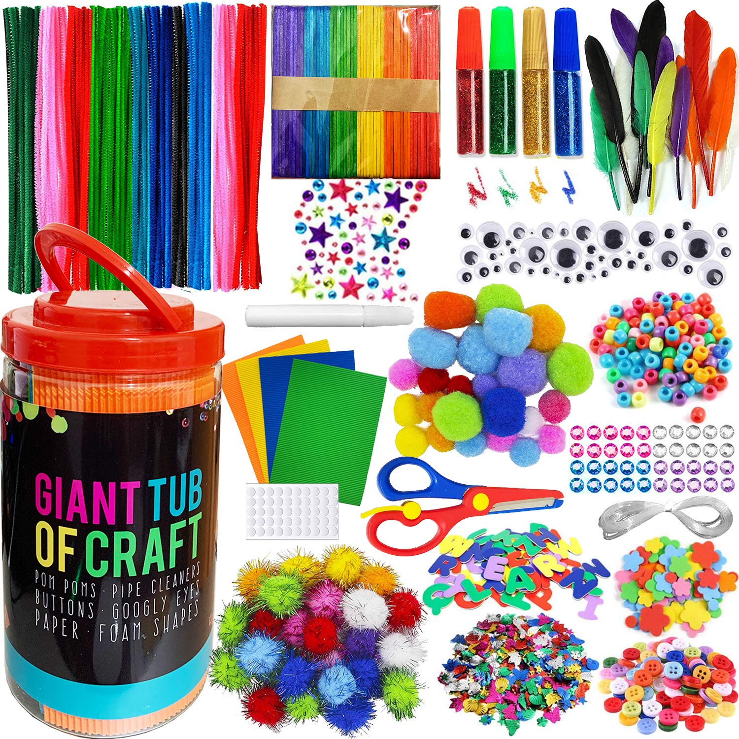 MOISO Mega Kids Crafts and Art Supplies Jar Kit - 550+ Piece Set - Make Bracelets and Necklaces - Plus Glitter Glue, Construction Paper, Colored Popsicle Sticks, Google Eyes, Pipe Cleaners