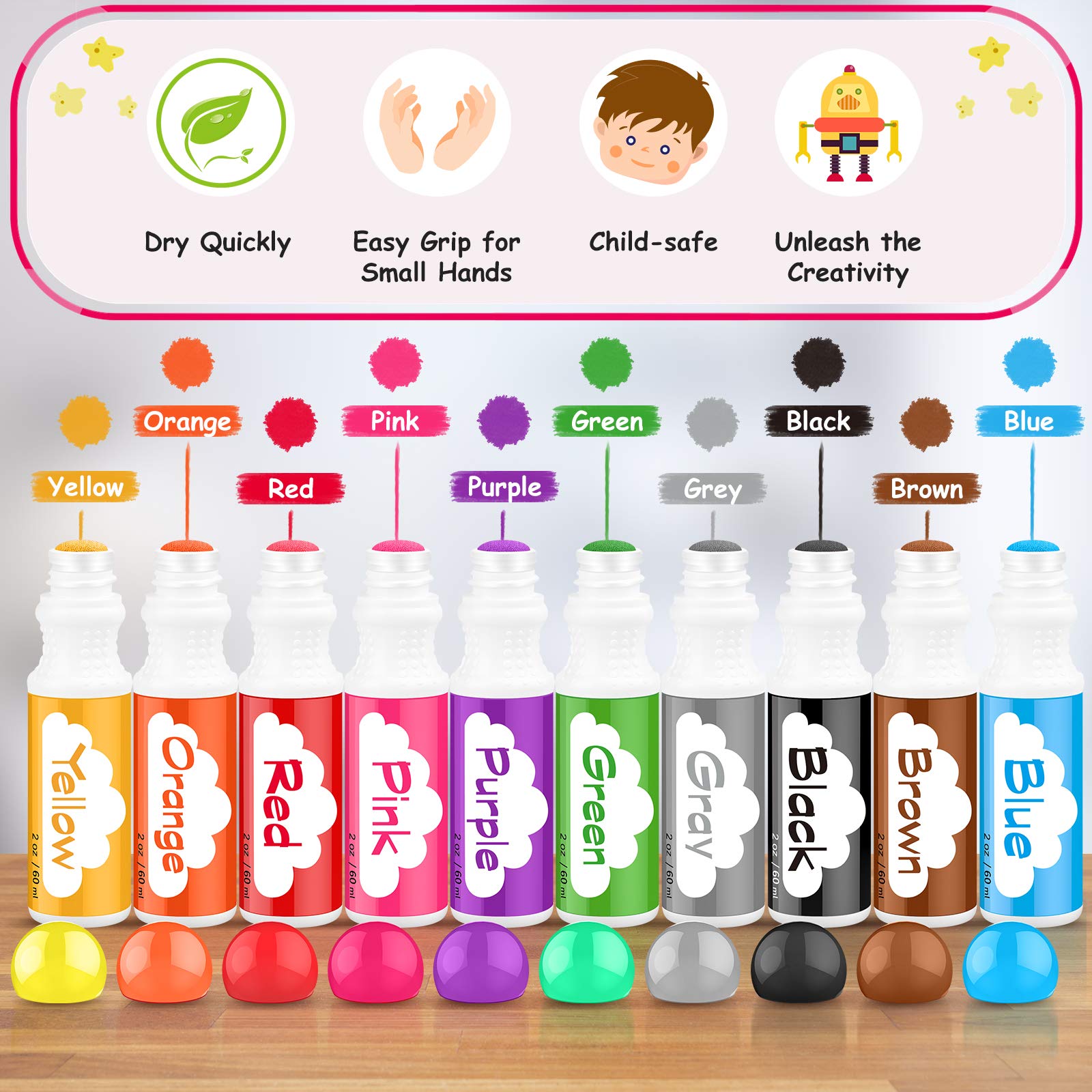 Washable Dot Markers for Toddlers Kids Preschool, 10 Colors 2 oz Kids Markers Set with 48 Pages Tearable Activity Book for Toddler Arts and Crafts Kits Supplies, Non-Toxic Water-Based Paint Dauber