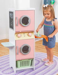 KidKraft Laundry Playset Children's Pretend Wooden Stacking Washer and Dryer Toy with Iron and Basket, Pastel, Gift for Ages 3+
