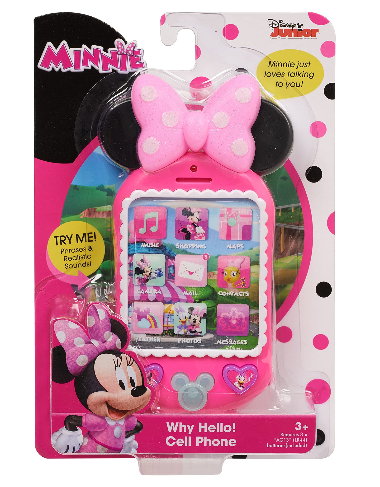Minnie Bow-Tique Why Hello Cell Phone with Lights and Realistic Sounds for Kids, Features Minnie Mouse Phrases, by Just Play