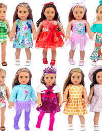ZITA ELEMENT 24 Pcs American 18 Inch Girl Doll Clothes Dress and Accessories - Including 10 Complete Set of Clothing Outfits with Hair Bands, Hair Clips, Crown and Cap
