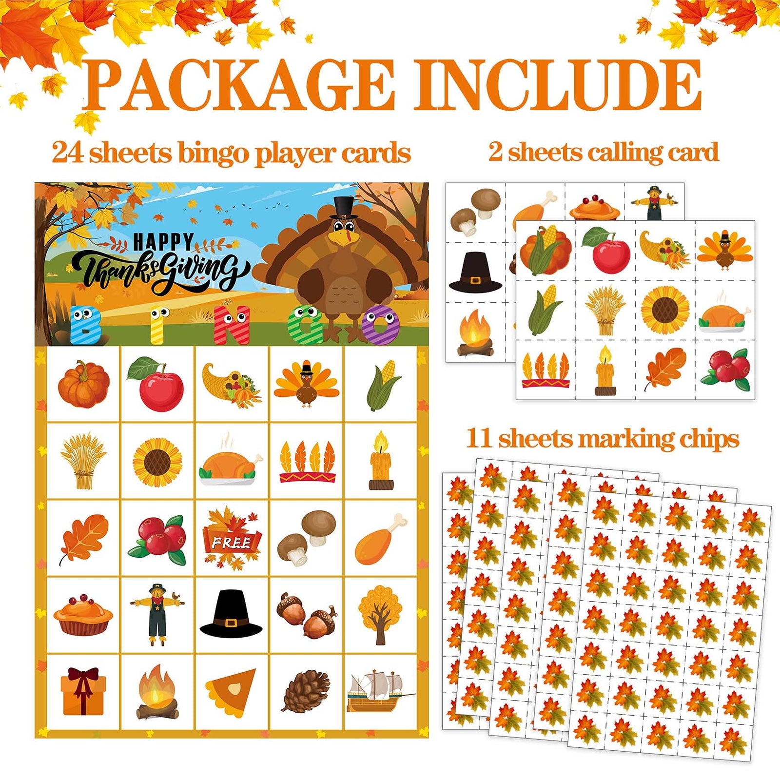 MISS FANTASY Thanksgiving Bingo Game for Kids Turkey Bingo Fall Bingo Game Cards for 24 Players Thanksgiving Party School Classroom Family Activities Thanksgivings Party Favors