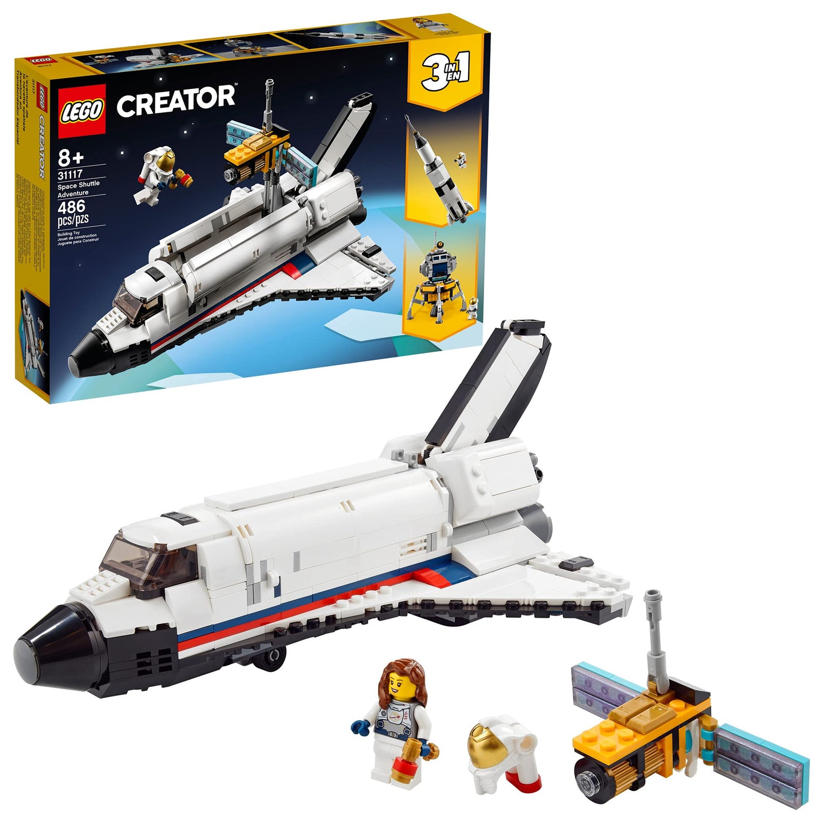 LEGO Creator 3in1 Space Shuttle Adventure 31117 Building Kit; Cool Toys for Kids Who Love Rockets and Creative Fun; New 2021 (486 Pieces)