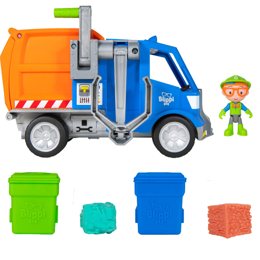 Blippi Recycling Truck - Includes Character Toy Figure, Working Lever, 2 Trash Cubes, 2 Recycling Bins - Sing Along with Popular Catchphrases - Educational Toys for Kids - Amazon Exclusive