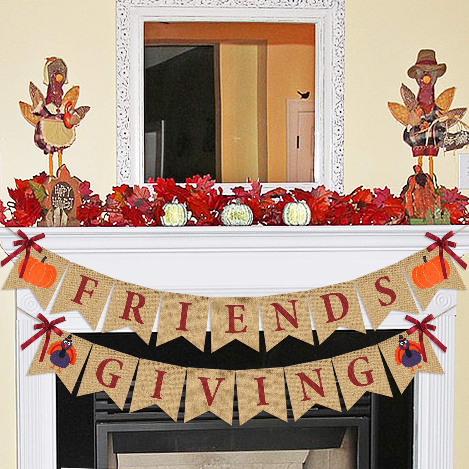 Friendsgiving Banner Burlap | Thanksgiving Decorations | ThanksGiving Burlap Banner | Rustic Thanksgiving Friends Giving Turkey Pumpkin Bunting | Thanksgiving Party Supplies Fireplace Mantle Decor