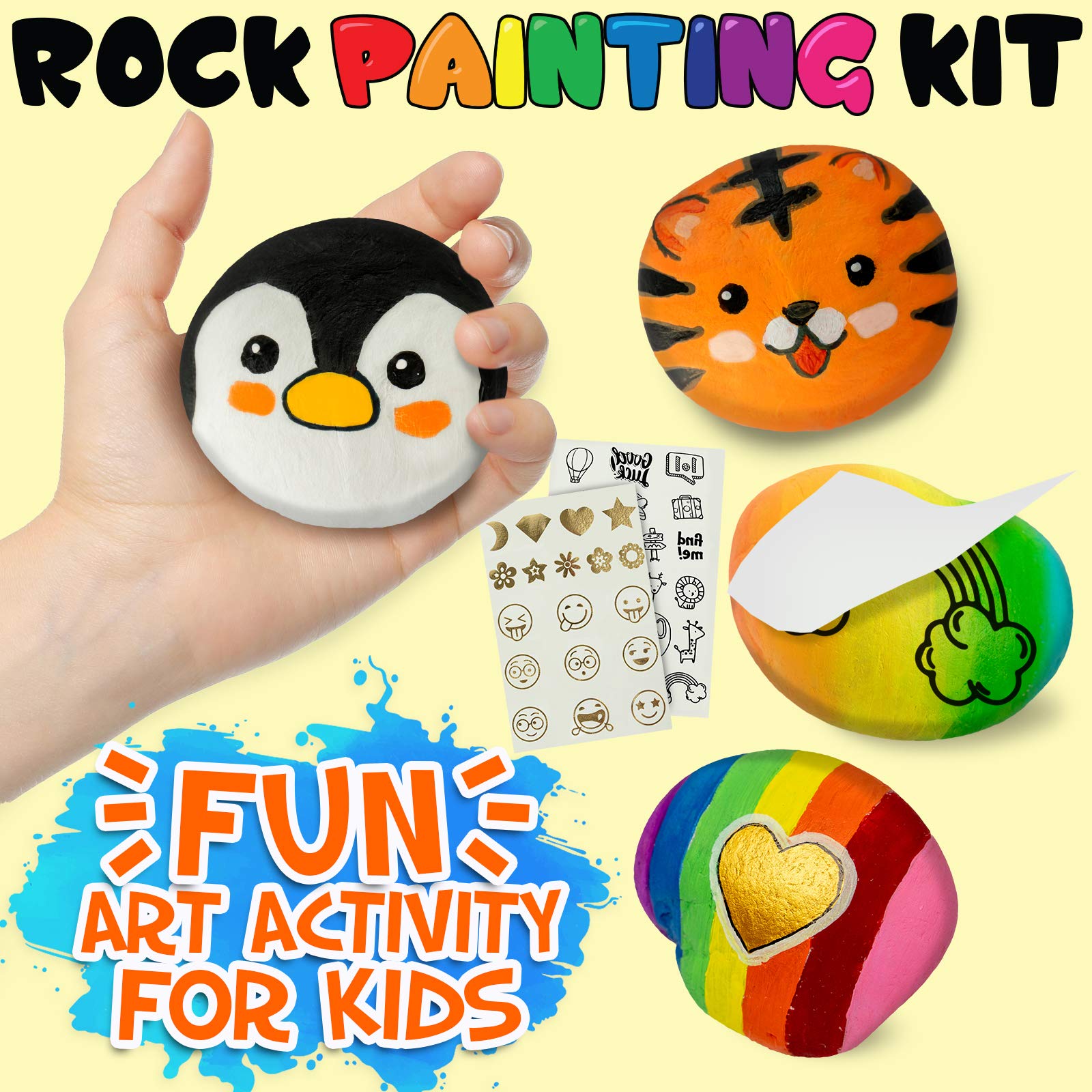JOYEZA Deluxe Rock Painting Kit, Arts and Crafts for Girls Boys Age 6+ , 12 Rocks, Best Tween Gift Art Set, Waterproof Paints, All-inclusive Craft Kits Art Supplies, Kids Activities Age 4 5 6 7 8 9 10