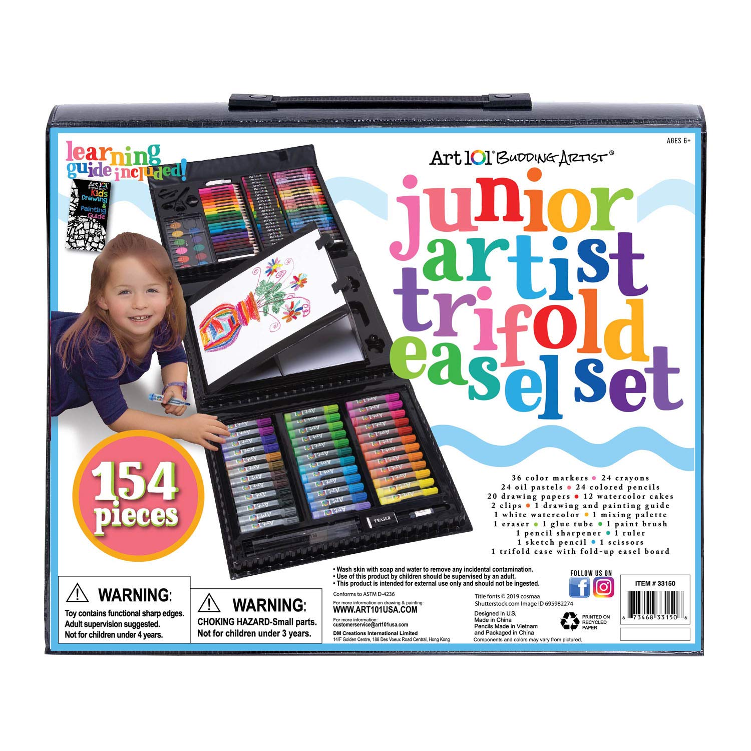Art 101 USA Budding Artist 154 Pc Junior Artist Trifold Easel Art Set, Includes markers, crayons, oil pastels, watercolor paints, and colored pencils, Case includes pop up easel, Portable Art Studio , White