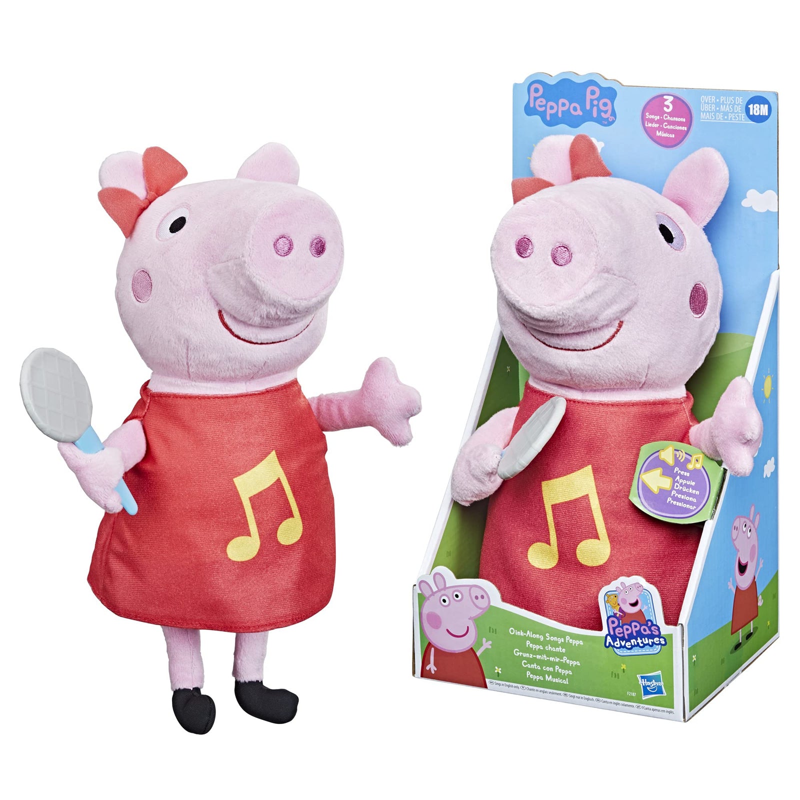 Hasbro Peppa Pig Oink-Along Songs Peppa Singing Plush Doll with Sparkly Red Dress and Bow, Sings 3 Songs Inspired by The TV Series, Ages 3 and up