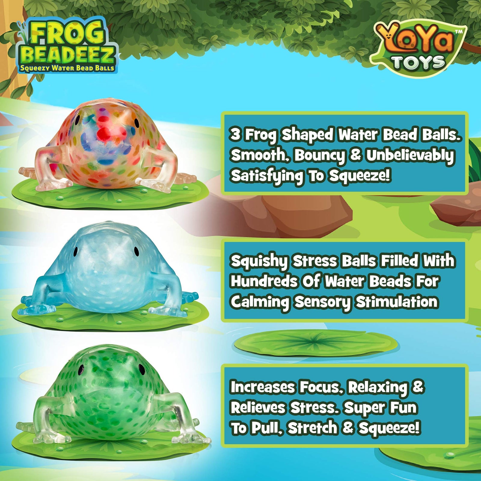 Frog Beadeez 3 Pack Stress Balls for Kids and Adults with Squishy Water Beads, Animal Shaped Stress Relief Toys, Fidget Sensory Toys for Autistic Children, ADHD, Anxiety, Animal Birthday Party Favors
