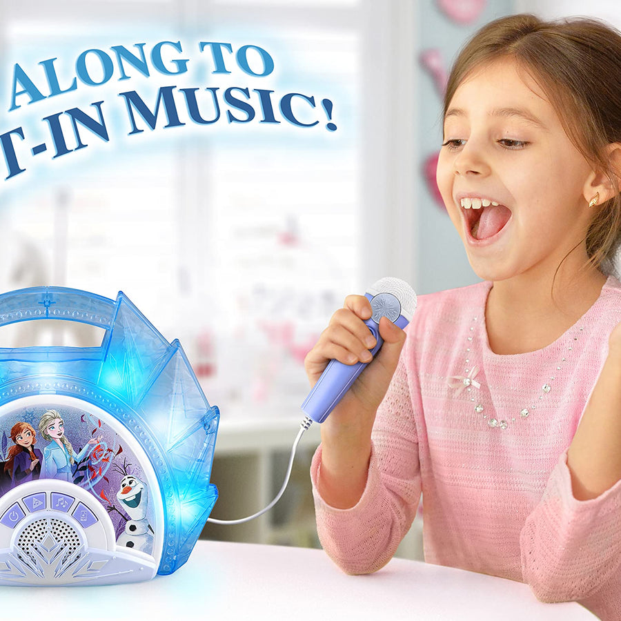 eKids Frozen Sing Along Boom Box Speaker with Microphone for Fans of Frozen Toys for Girls, Kids Karaoke Machine with Built in Music and Flashing Lights