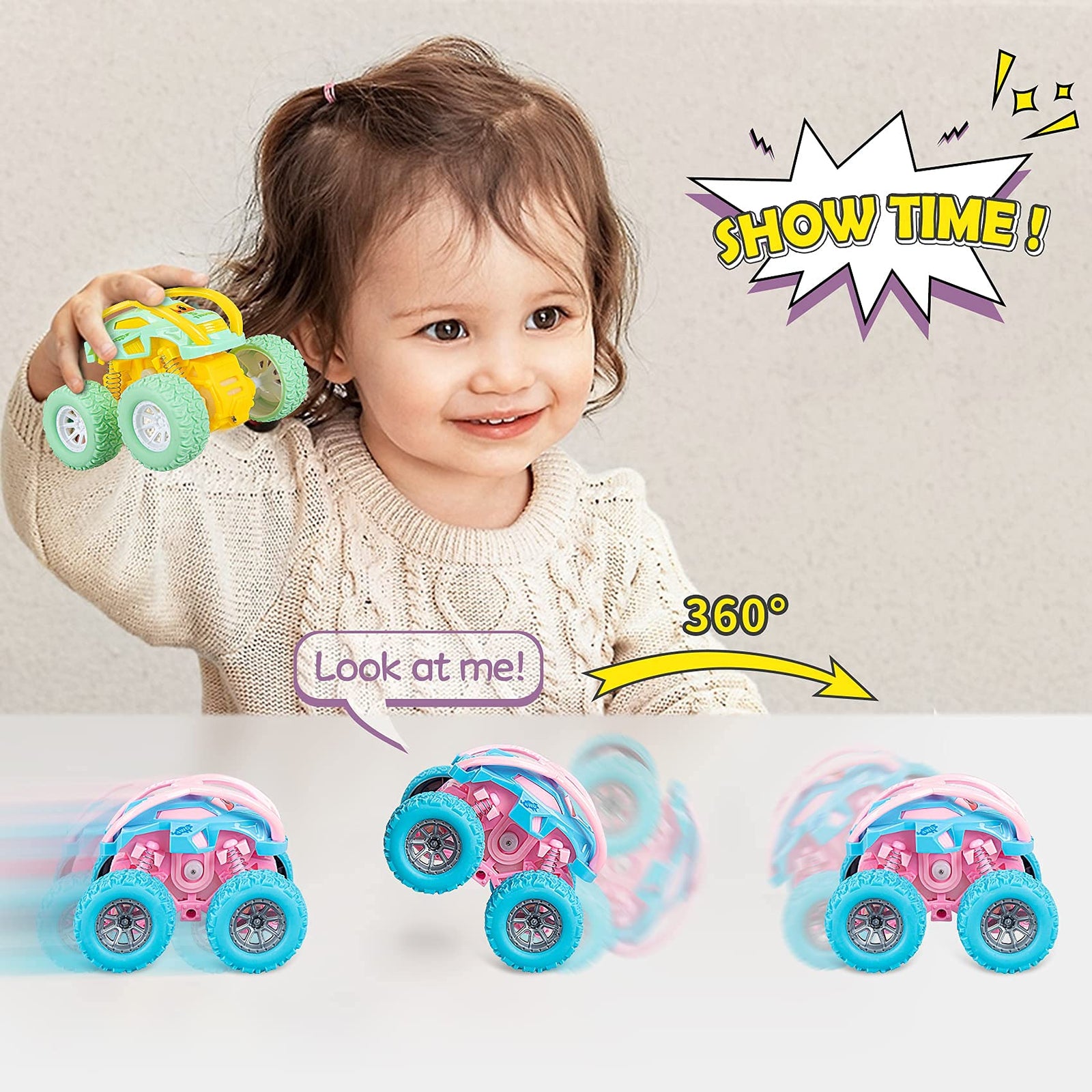 LODBY Cute Push & Go Double-Directions Vehicles Sets for Toddlers Gifts, 3 Pack