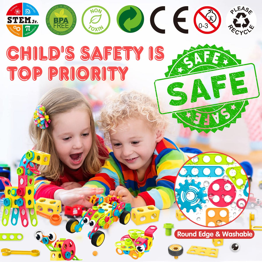 Nxone STEM Toys 195 PCS Building Toys Educational Toys for Boys and Girls Ages 3 4 5 6 7 8 9 10 Construction Building Blocks Toy Building Sets Kids Toys Creative Activities Games with Storage Box