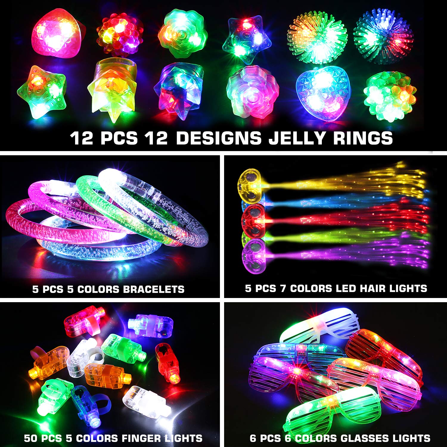 78PCs LED Light Up Toy Party Favors Glow In The Dark,Party Supplies Bulk For Adult Kids Birthday Halloween With 50 Finger Light, 12 Jelly Ring, 6 Flashing Glasses, 5 Bracelet, 5 Fiber Optic Hair Light
