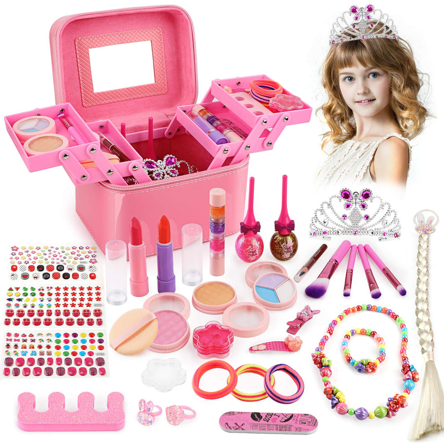 Balnore Kids Makeup Kit for Girl, 34 Pcs Real Kids Makeup Set, Washable Makeup Kit Toys for Little Girls with Fashion Portable Makeup Box Including Princess Crown, Braid Wig, Lipstick, Eye Shadows
