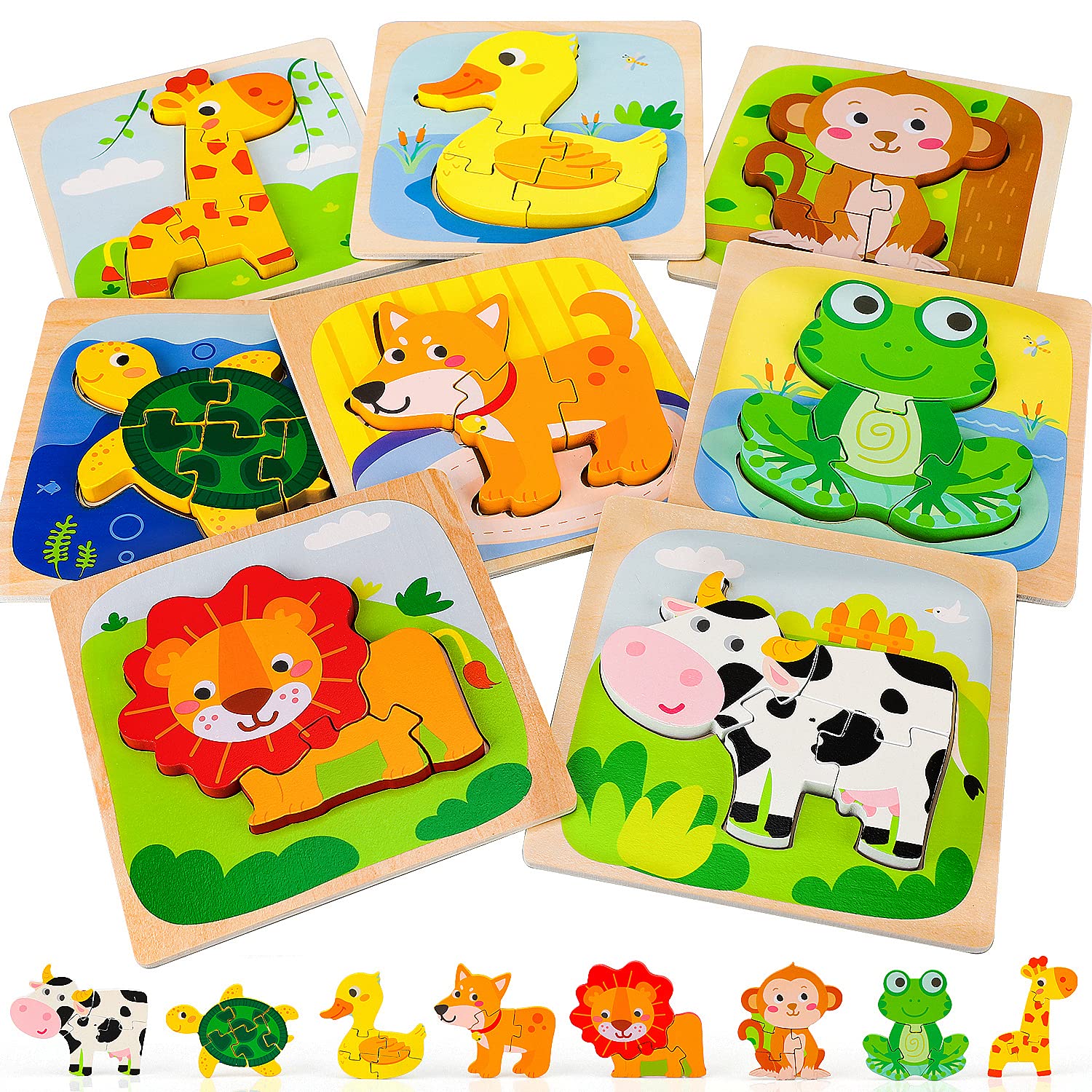 TOY Life Wooden Puzzles for Toddlers 1-3, Baby Puzzles Montessori Toy Toddler Gifts for 1 2 3 Year Old Girls Boys, 8 Animal Shape Puzzles for Kids Age 2-4, STEM Educational Learning Toy for Toddler