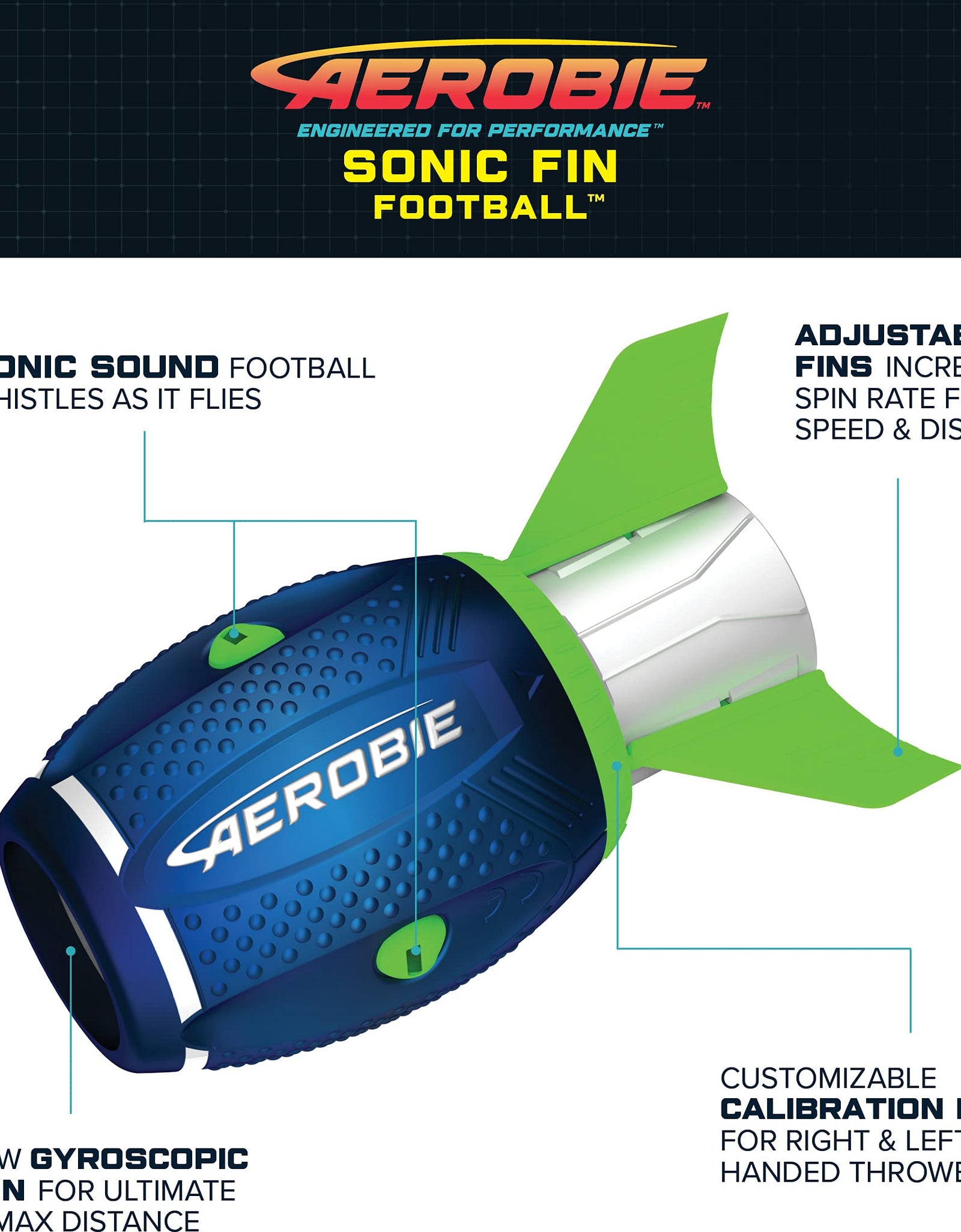 Aerobie Sonic Fin Aerodynamic High Performance Outdoor Football for Kids & Adults, Blue