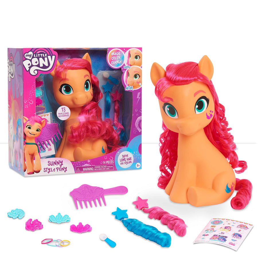 My Little Pony Sunny Starscout Styling Head, Color Change, 14-Pieces Include Wear and Share Accessories, Pink, Hair Styling for Kids, by Just Play