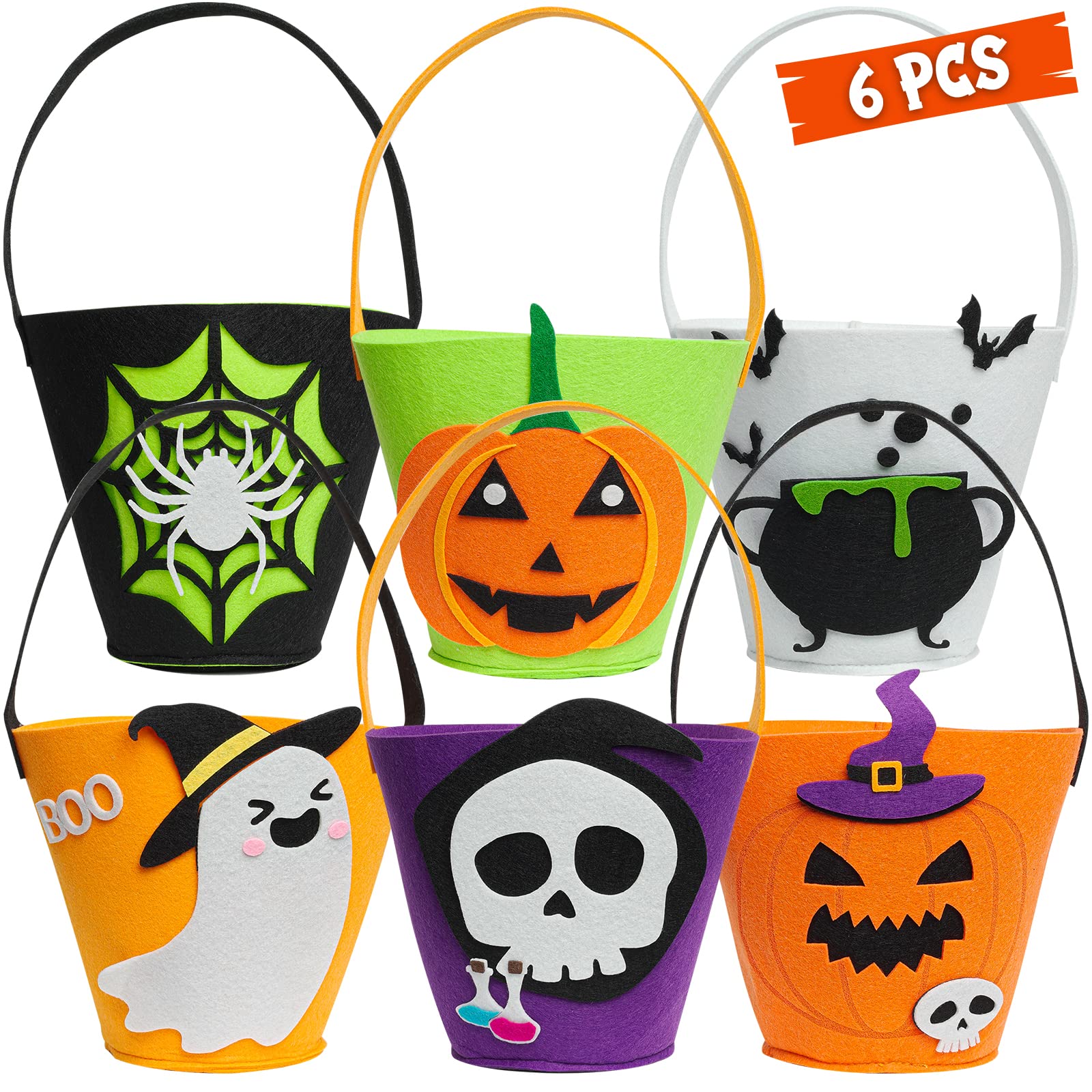 6 Pack Candy Felt Holder Buckets for Kids, Halloween Boo baskets for Trick or Treating Bags, Halloween Candy Pails, Halloween Snacks, Halloween Goodie Bags, Bucket Decoration, Spooky Baskets