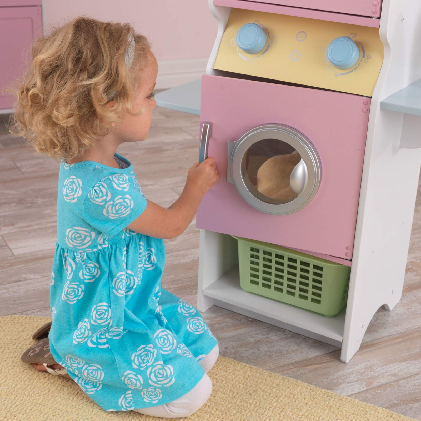 KidKraft Laundry Playset Children's Pretend Wooden Stacking Washer and Dryer Toy with Iron and Basket, Pastel, Gift for Ages 3+