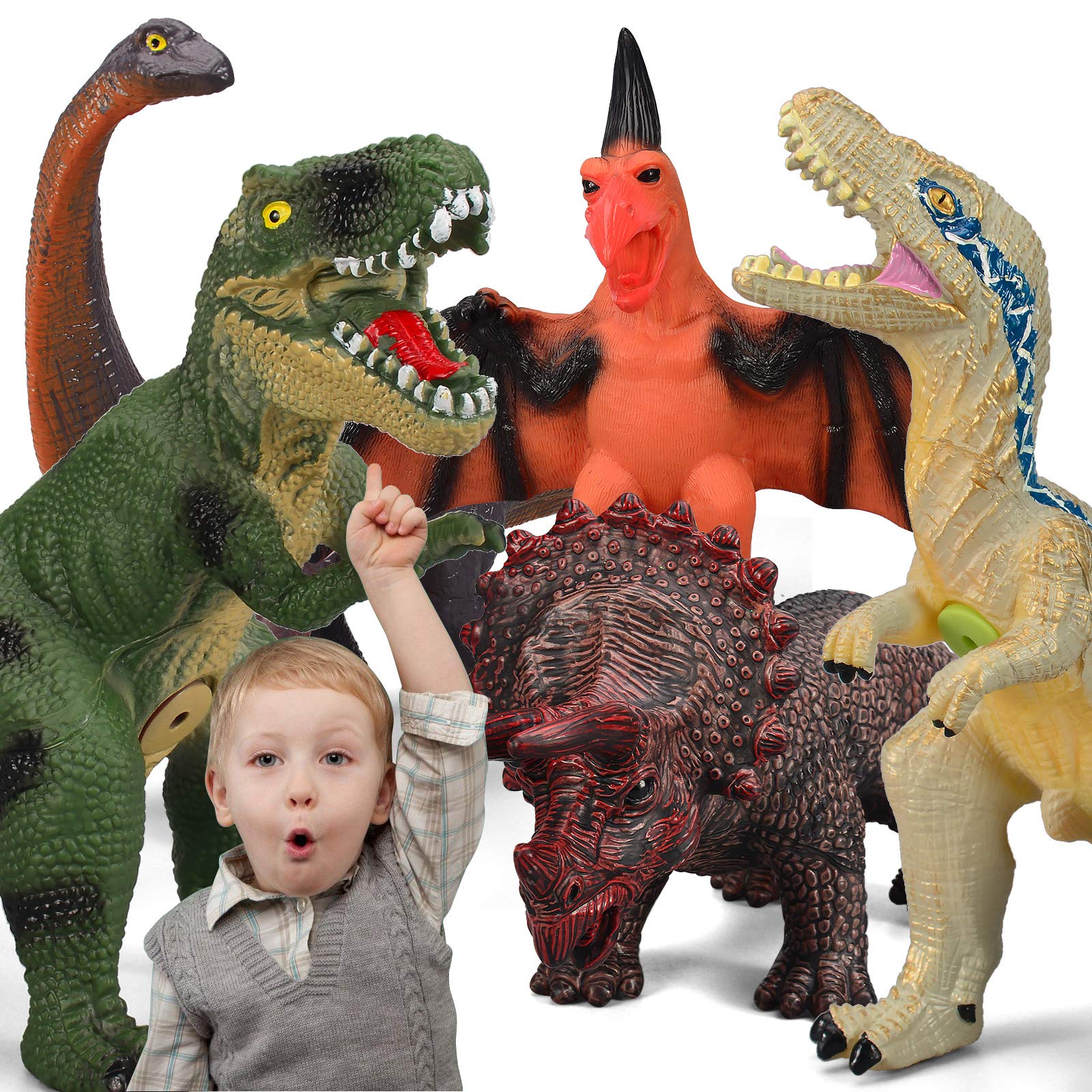6 Piece Dinosaur Toys for Kids and Toddlers, Blue Velociraptor T-Rex Triceratops, Large Soft Dinosaur Toys Set for Dinosaur Lovers - Perfect Dinosaur Party Favors, Birthday Gifts