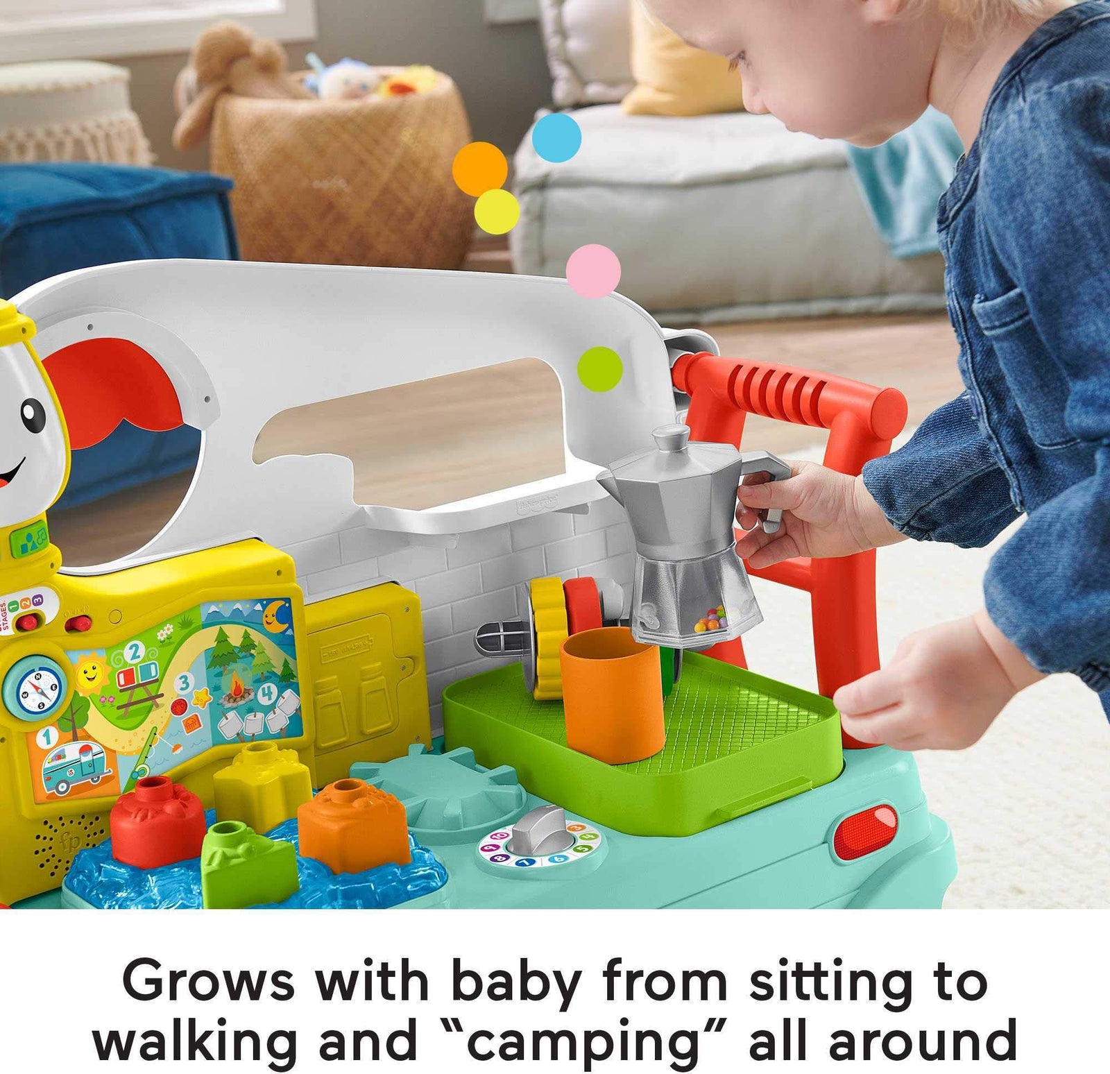 Fisher-Price Laugh & Learn 3-in-1 On-the-Go Camper, Musical Push-Along Walker and Activity Center for Infants and Toddlers Ages 9-36 Months