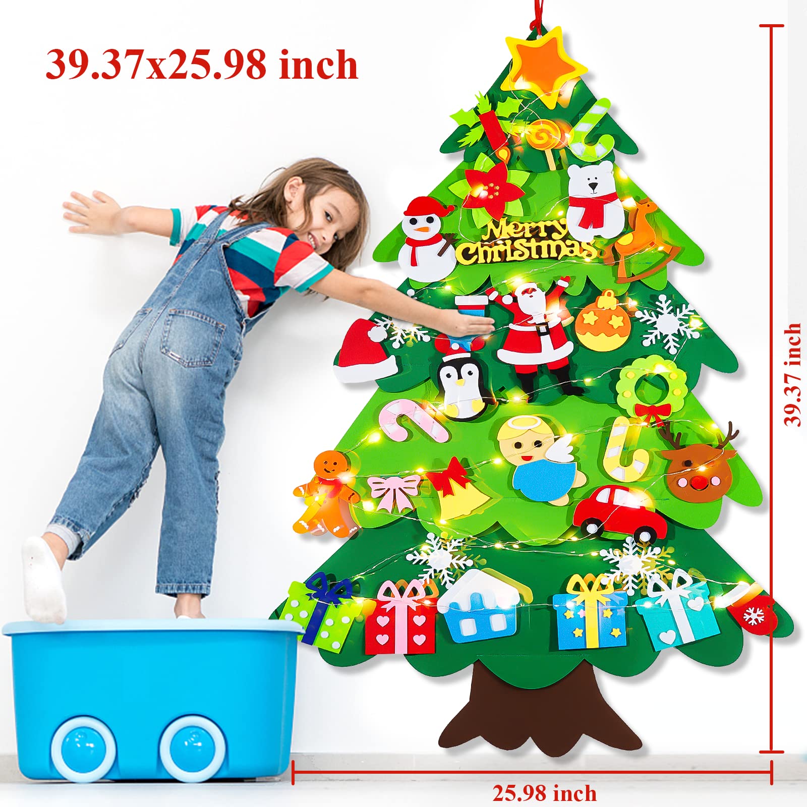 RVZHI Felt Christmas Tree for Kids Wall with Lights 33pcs Ornaments DIY Felt Christmas Tree for Toddlers with Exquisite Poster, Kids Gift Felt Wall Xmas Tree Kit Set for Toddlers Home Door Decoration