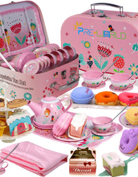 PRE-WORLD Tea Party Set for Little Girls, Princess Tea Time Toy Including Dessert,Cookies,Doughnut,Teapot Tray Cake, Tablecloth & Carrying Case,Kids Kitchen Pretend Play for Girls Boys Age 3-6
