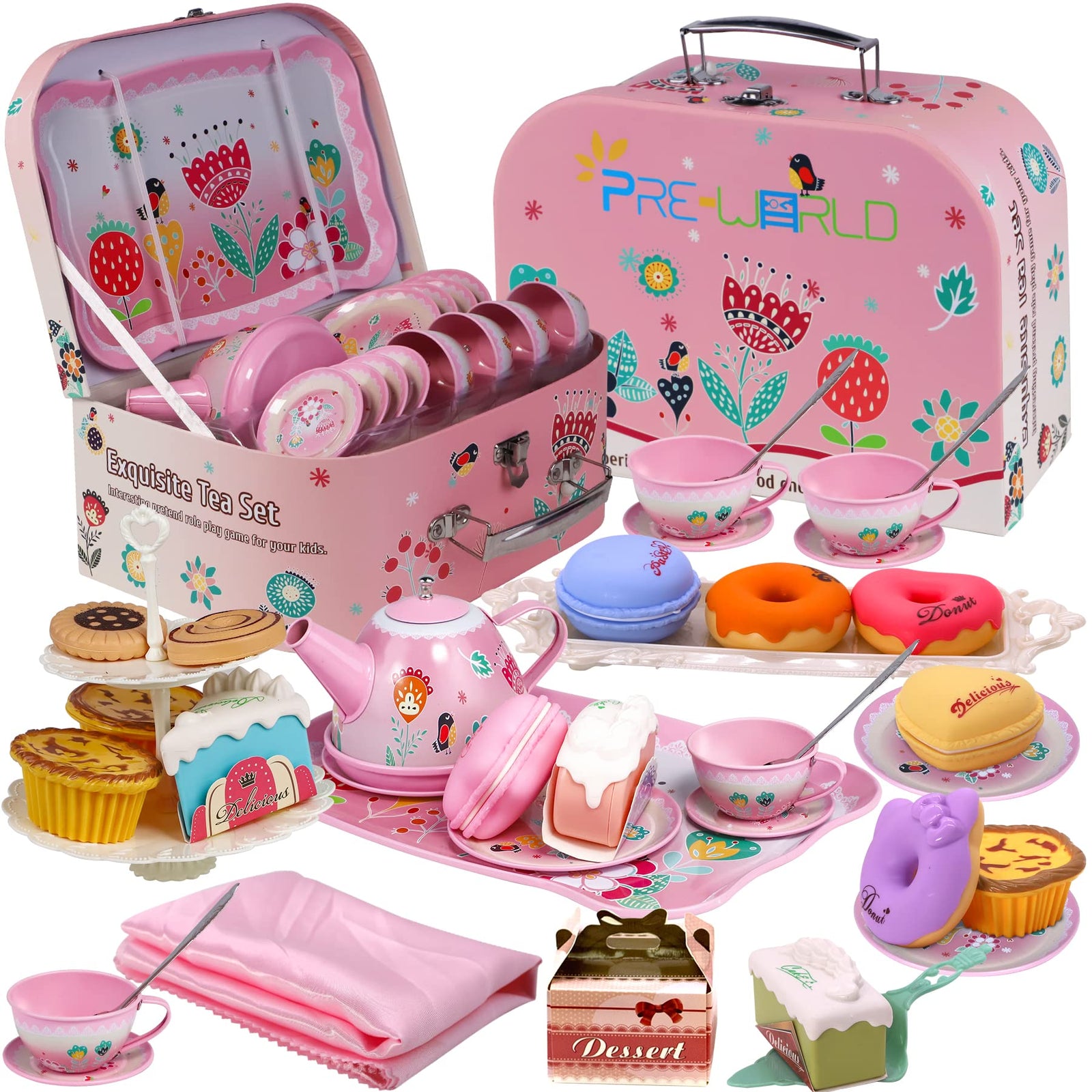 PRE-WORLD Tea Party Set for Little Girls, Princess Tea Time Toy Including Dessert,Cookies,Doughnut,Teapot Tray Cake, Tablecloth & Carrying Case,Kids Kitchen Pretend Play for Girls Boys Age 3-6