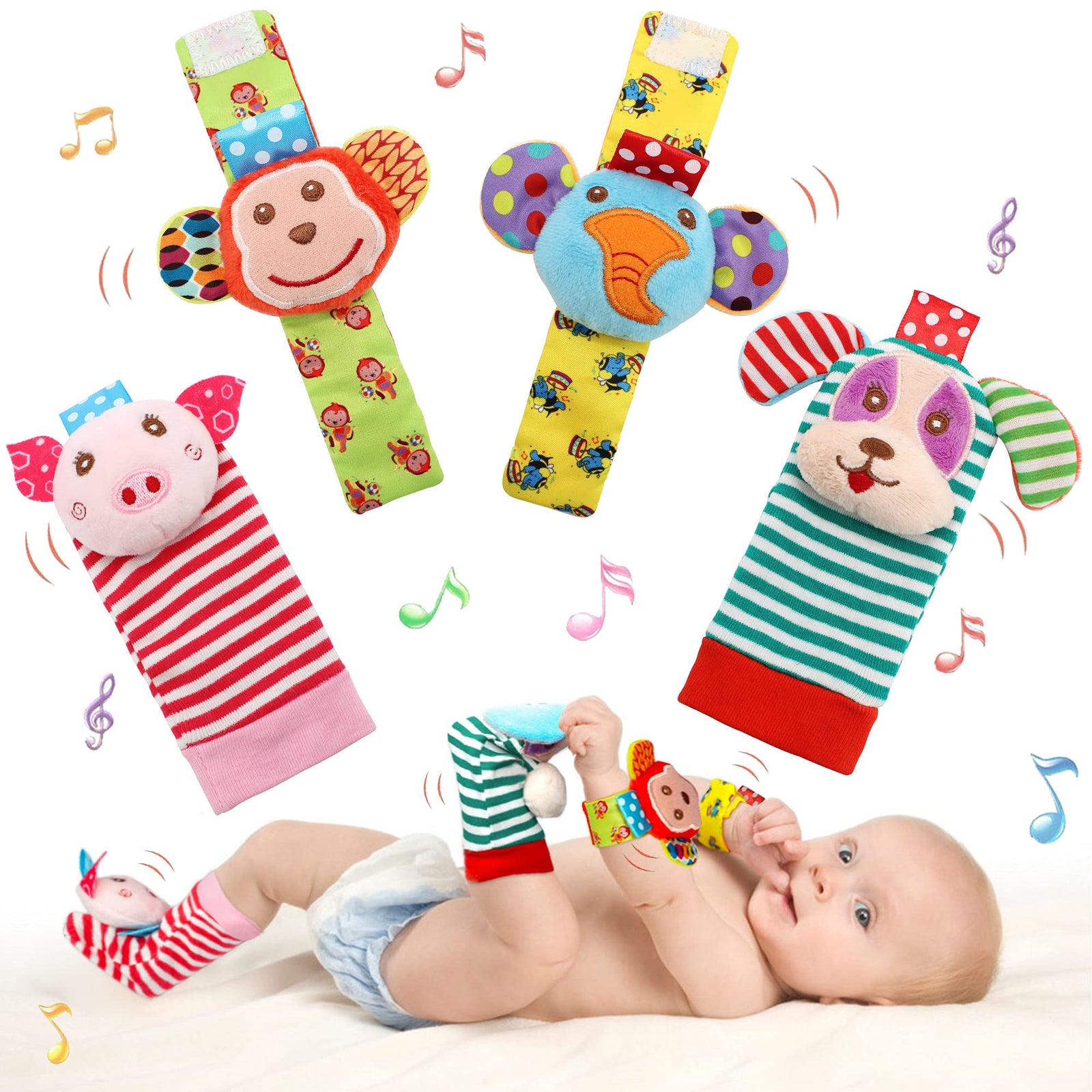 SSK Soft Baby Wrist Rattle Foot Finder Socks Set,Cotton and Plush Stuffed Infant Toys,Birthday Holiday Birth Present for Newborn Boy Girl 0/3/4/6/7/8/9/12/18 Months Kids Toddler,4 Cute Animals