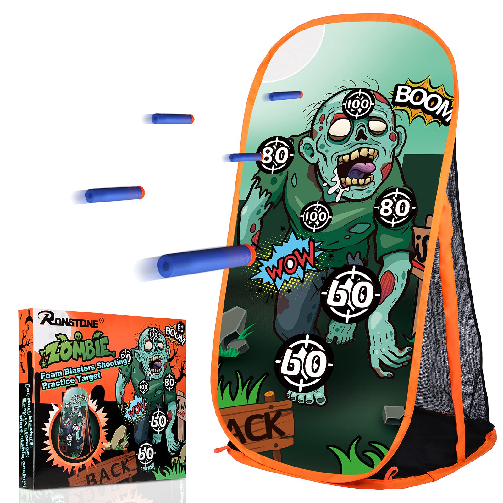 RONSTONE Shooting Practice Target Compatible with Nerf Gun for Boys Girls, Toy Foam Blaster Shooting Targets for Kids Indoor Outdoor, Zombie Shooting Target with Storage Net