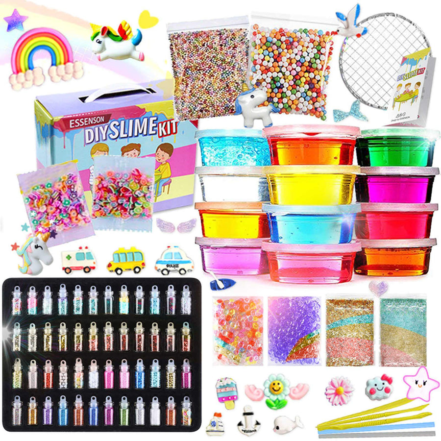 Slime Kit - Slime Supplies Slime Making Kit for Girls Boys, Kids Art Craft, Crystal Clear Slime, Glitter, Slime Charms, Fruit Slices, Fishbowl Beads Girls Toys Gifts for Kids Age 3+ Year Old