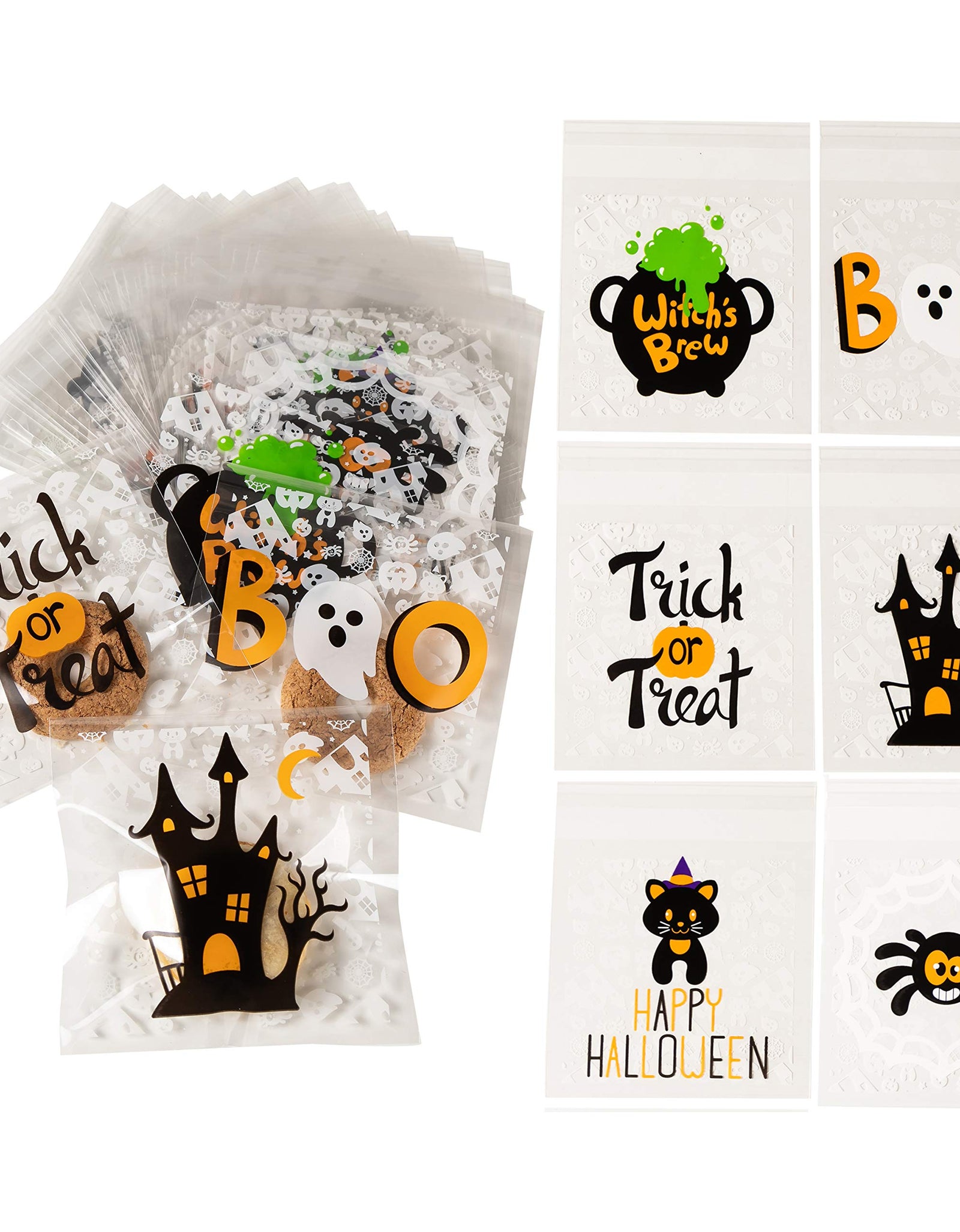 JOYIN 150 PCS Halloween Cellophane Treat Bags Self Adhesive Clear Cookie and Candy Bags for Halloween Party Favors Supplies