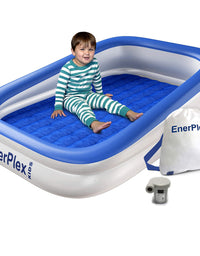 EnerPlex Inflatable Toddler Travel Bed – Portable Kids Air Mattress for Travel, Camping or Hotels w/ Built in Safety Bumpers & High Speed Pump, Puncture Resistant, Compact Size - Blue
