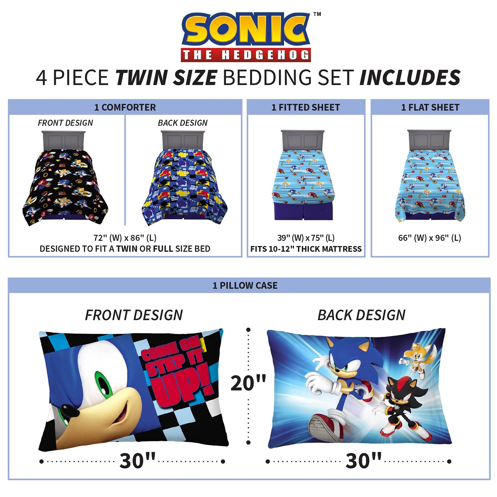Franco Kids Bedding Super Soft Microfiber Comforter and Sheet Set, 4 Piece Twin Size, Sonic The Hedgehog
