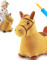 iPlay, iLearn Bouncy Pals Yellow Hopping Horse, Outdoor Ride on Bouncy Animal Play Toys, Inflatable Hopper Plush Covered W/ Pump, Activitie Gift for 18 Months 2 3 4 5 Year Old Kids Toddlers Boys Girls
