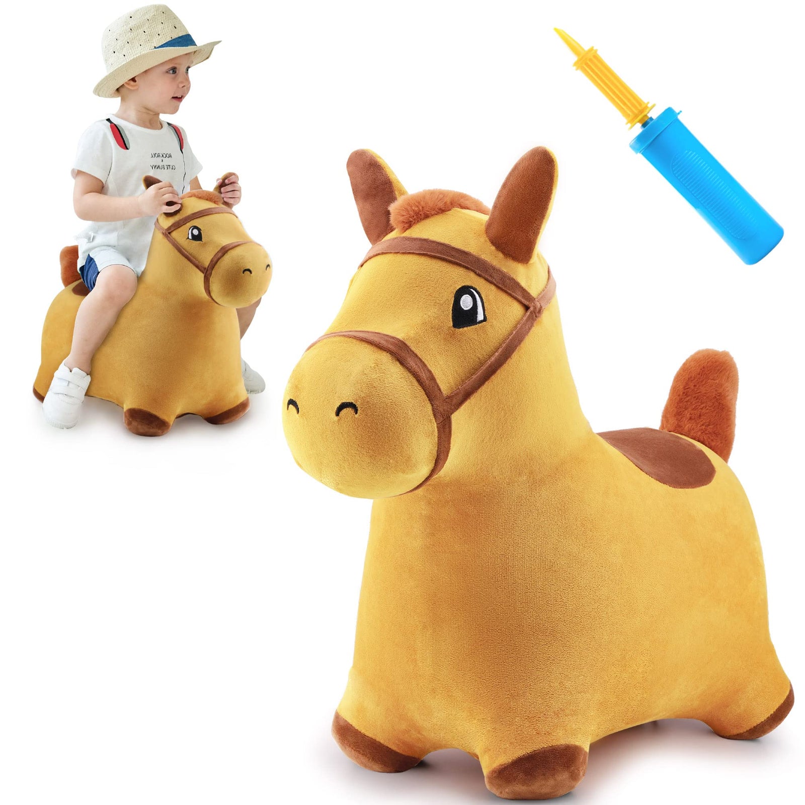 iPlay, iLearn Bouncy Pals Yellow Hopping Horse, Outdoor Ride on Bouncy Animal Play Toys, Inflatable Hopper Plush Covered W/ Pump, Activitie Gift for 18 Months 2 3 4 5 Year Old Kids Toddlers Boys Girls