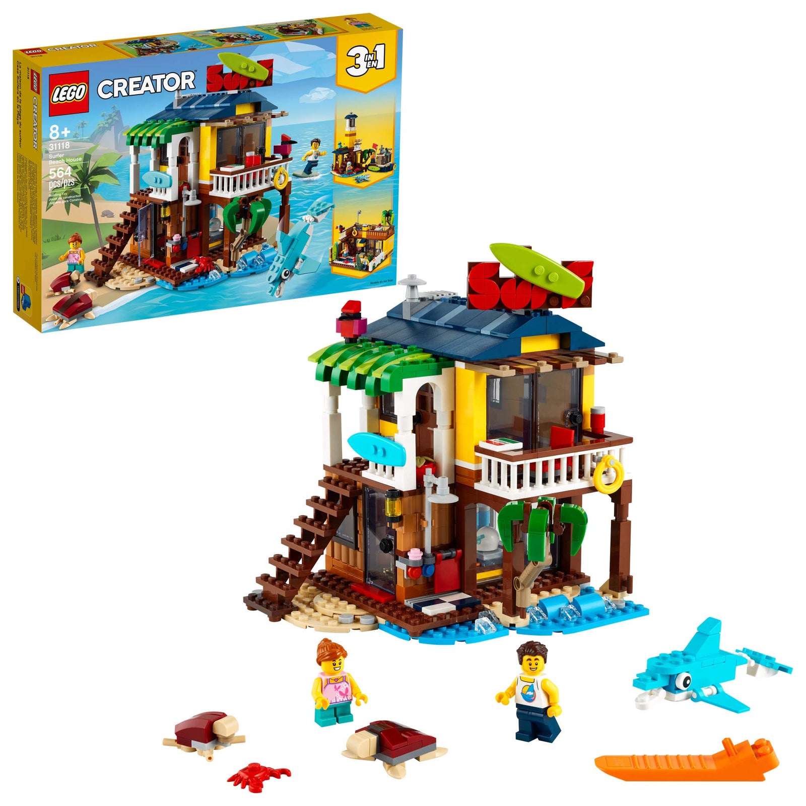 LEGO Creator 3in1 Surfer Beach House 31118 Building Kit Featuring Beach Hut and Animal Toys, New 2021 (564 Pieces)