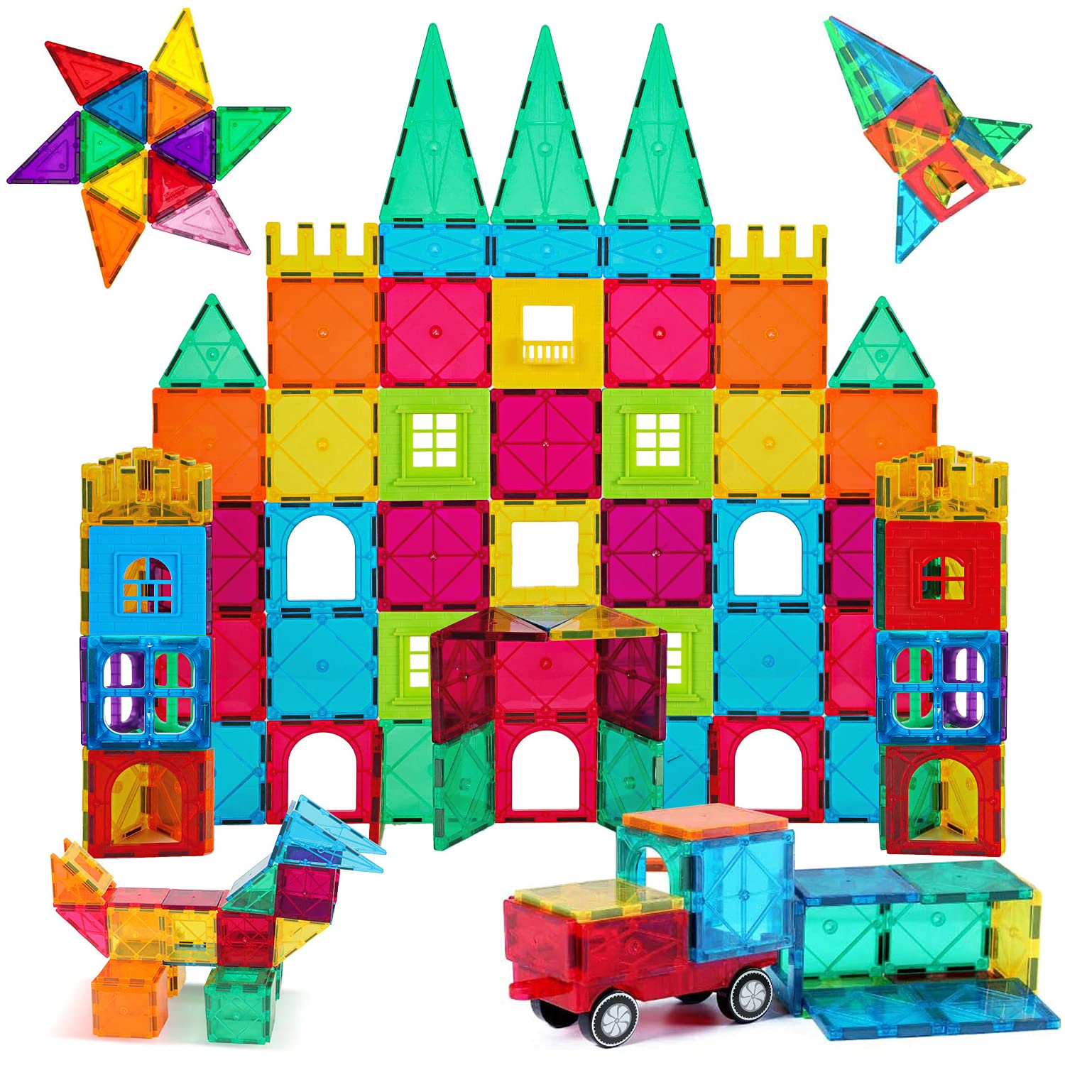 AFUNX 130 PCS Magnetic Tiles Building Blocks 3D Clear Magnetic Blocks Construction Playboards, Inspiration Building Tiles Creativity Beyond Imagination, Educational Magnet Toy Set for Kids with 2 Cars