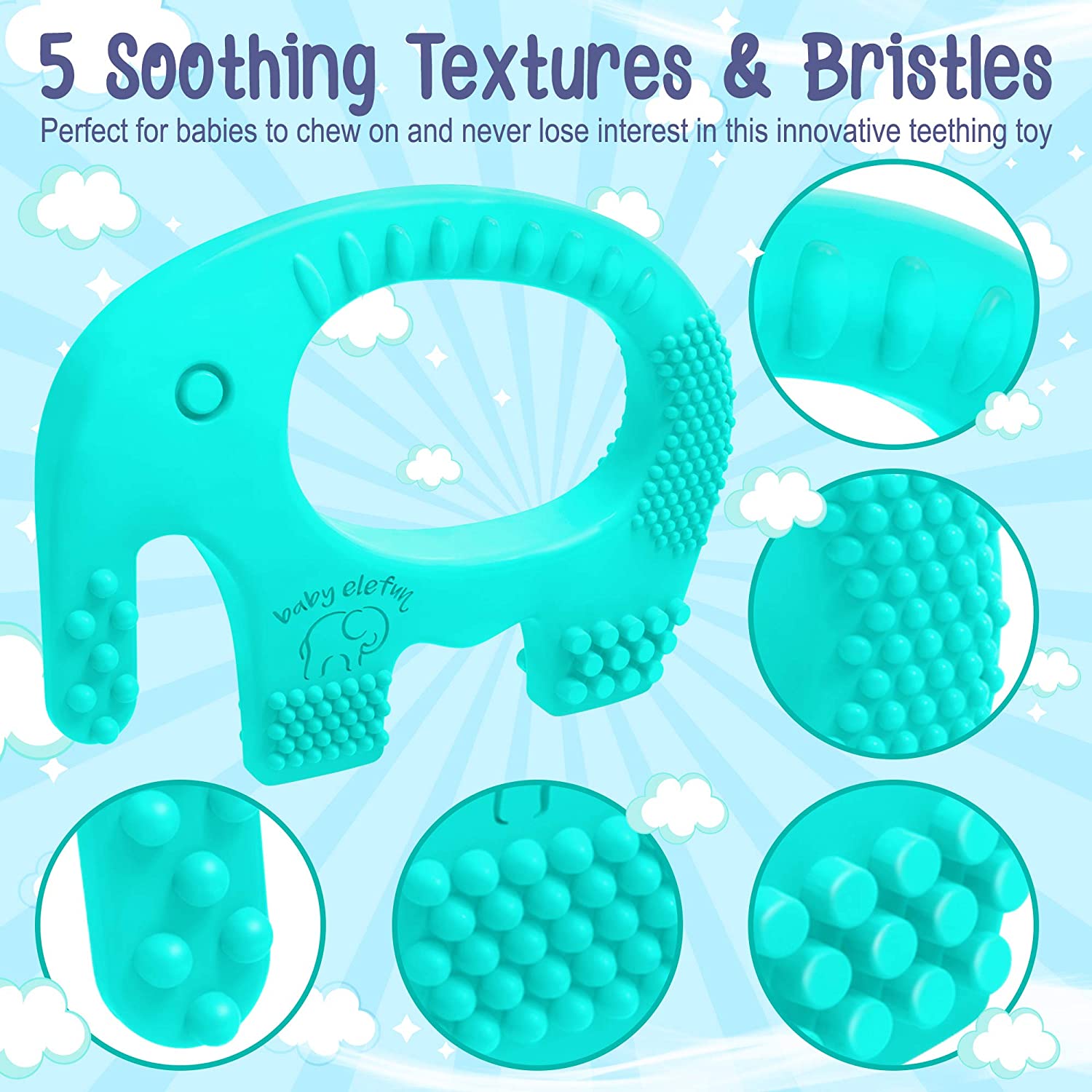 Baby Elefun Teething Toys, BPA Free Silicone Teethers - Easy to Hold - with Gift Christmas Stocking Stuffers Package, Highly Effective Elephant Teether Ring Toy for Babies 0-6 6-12 Months Boy or Girl