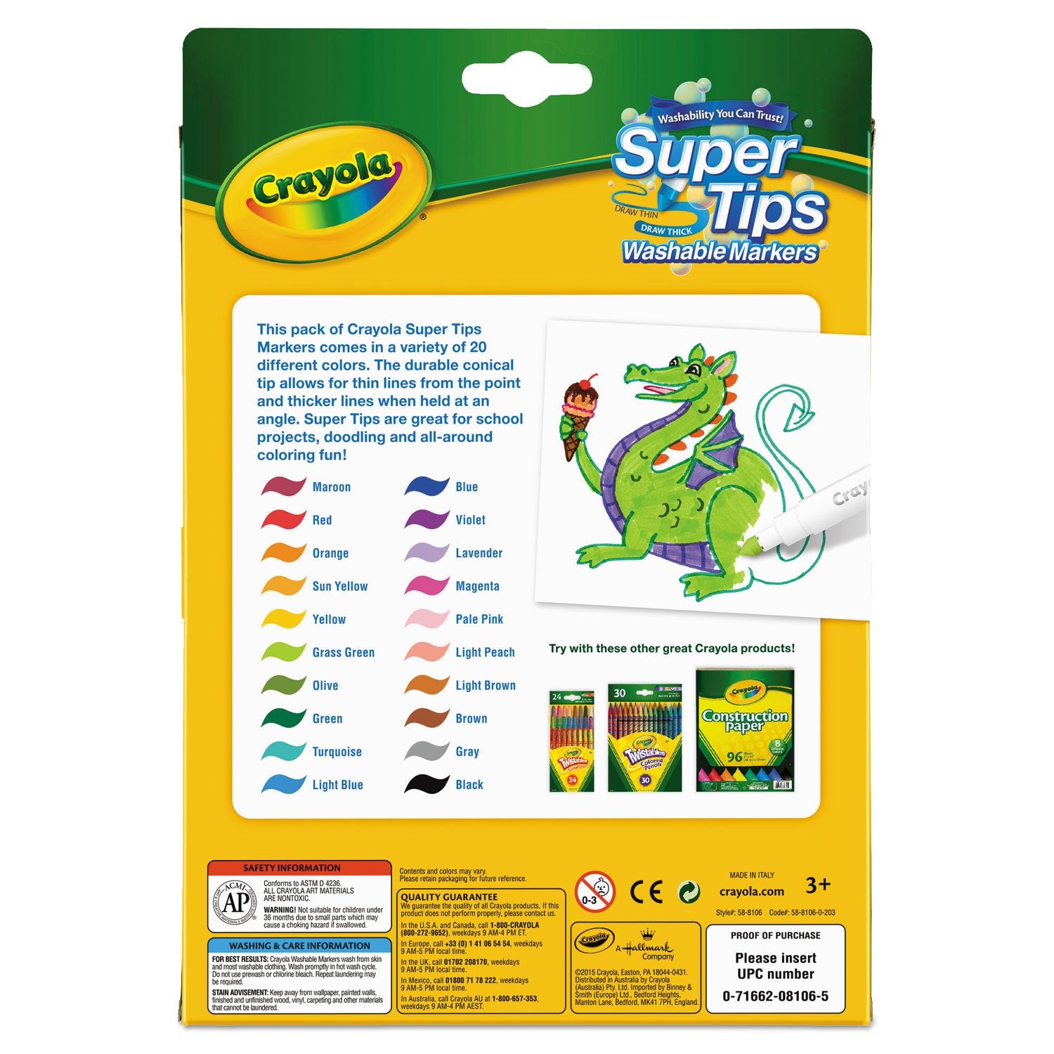 Crayola 588106 Washable Super Tips Markers, Assorted, 20/Set