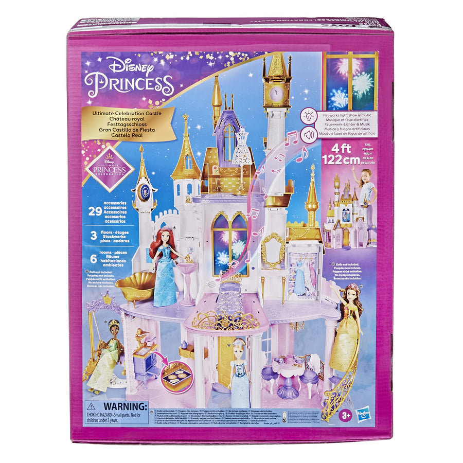 Disney Princess Ultimate Celebration Castle, 4 Feet Tall Doll House with Furniture and Accessories, Musical Fireworks Light Show, Toy for Girls 3 and Up